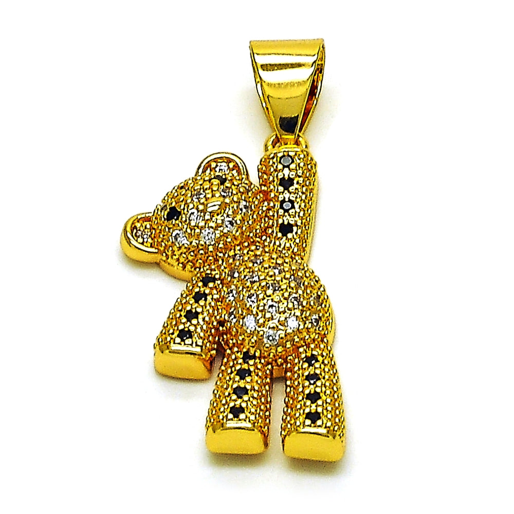 Oro Laminado Fancy Pendant, Gold Filled Style Teddy Bear Design, with White and Black Micro Pave, Polished, Golden Finish