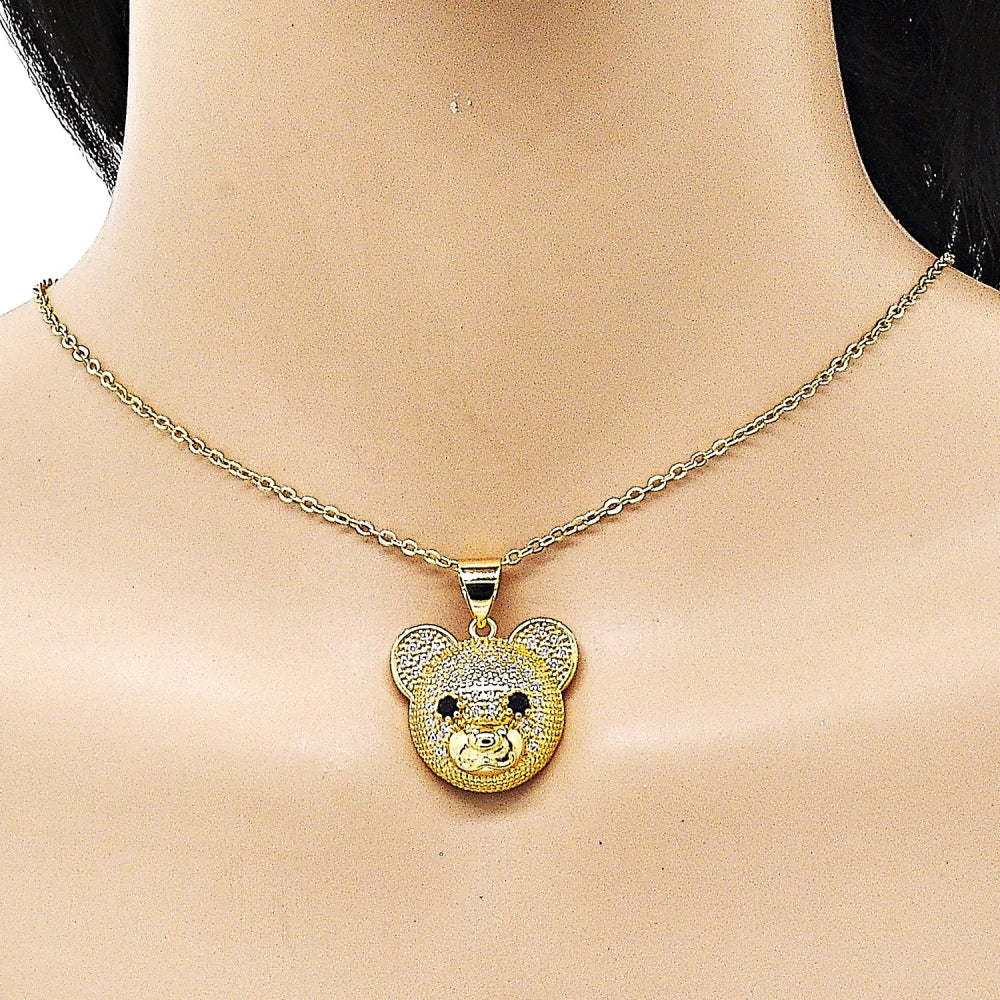 Oro Laminado Fancy Pendant, Gold Filled Style Teddy Bear Design, with White Micro Pave and Black Cubic Zirconia, Polished, Golden Finish