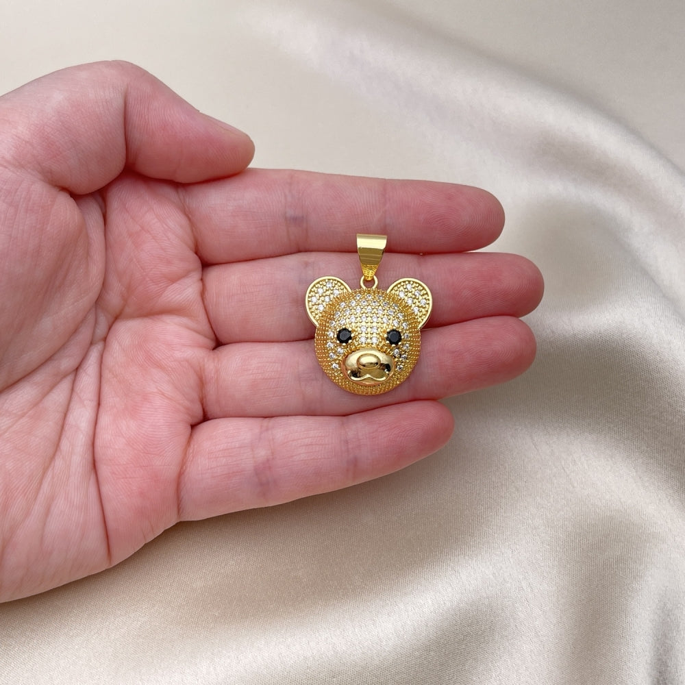 Oro Laminado Fancy Pendant, Gold Filled Style Teddy Bear Design, with White Micro Pave and Black Cubic Zirconia, Polished, Golden Finish