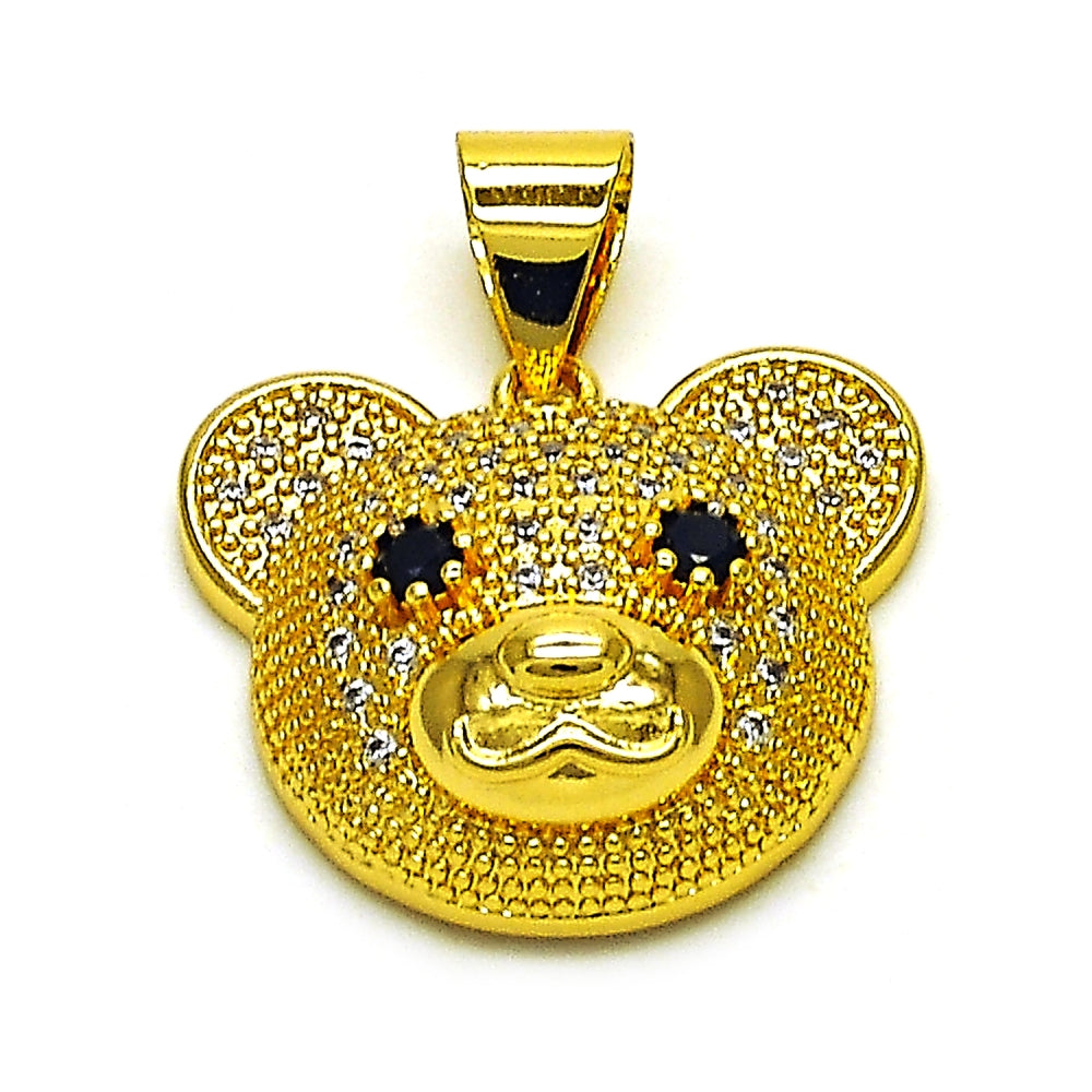 Oro Laminado Fancy Pendant, Gold Filled Style Teddy Bear Design, with White Micro Pave and Black Cubic Zirconia, Polished, Golden Finish