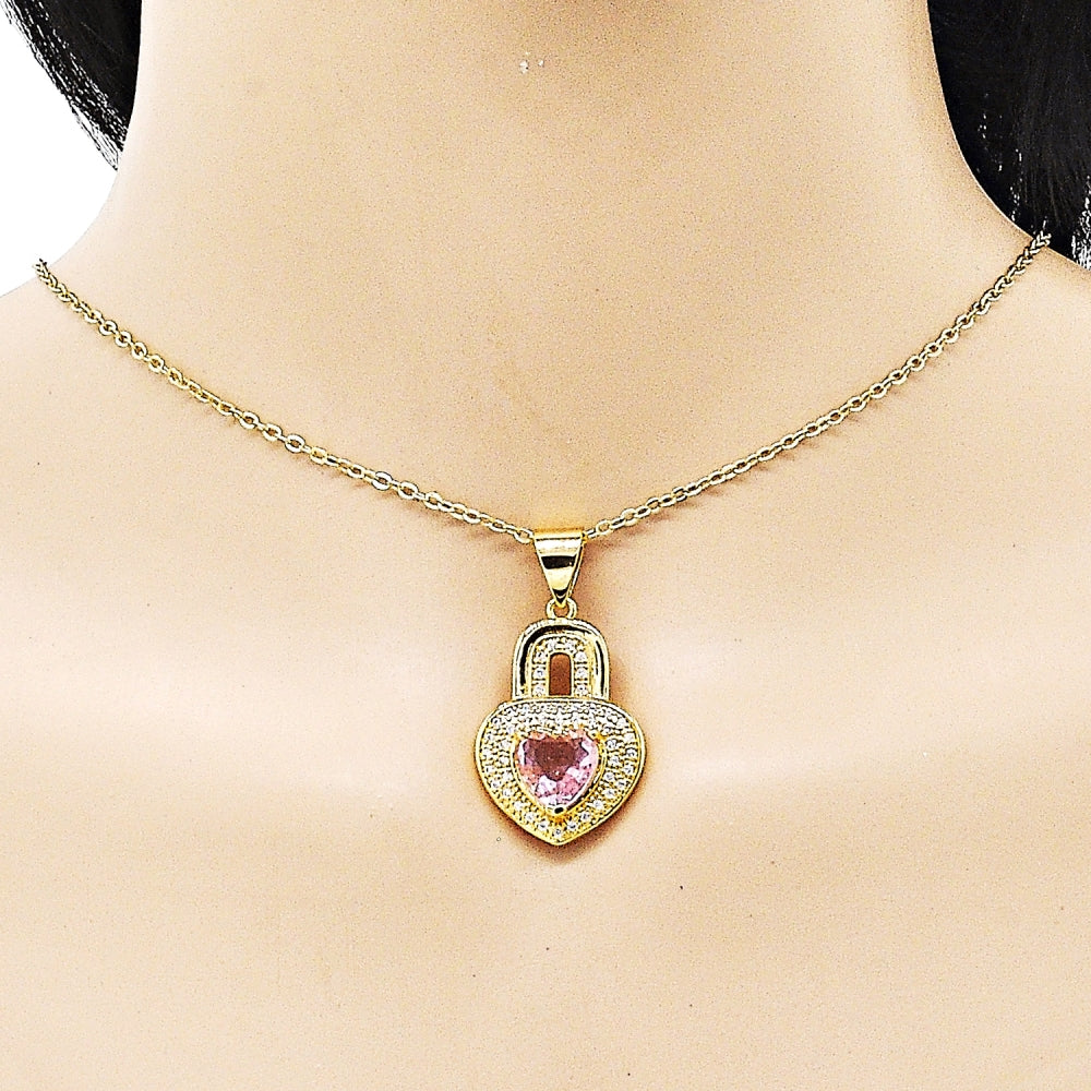 Oro Laminado Fancy Pendant, Gold Filled Style Heart Design, with White Micro Pave and Pink Cubic Zirconia, Polished, Golden Finish
