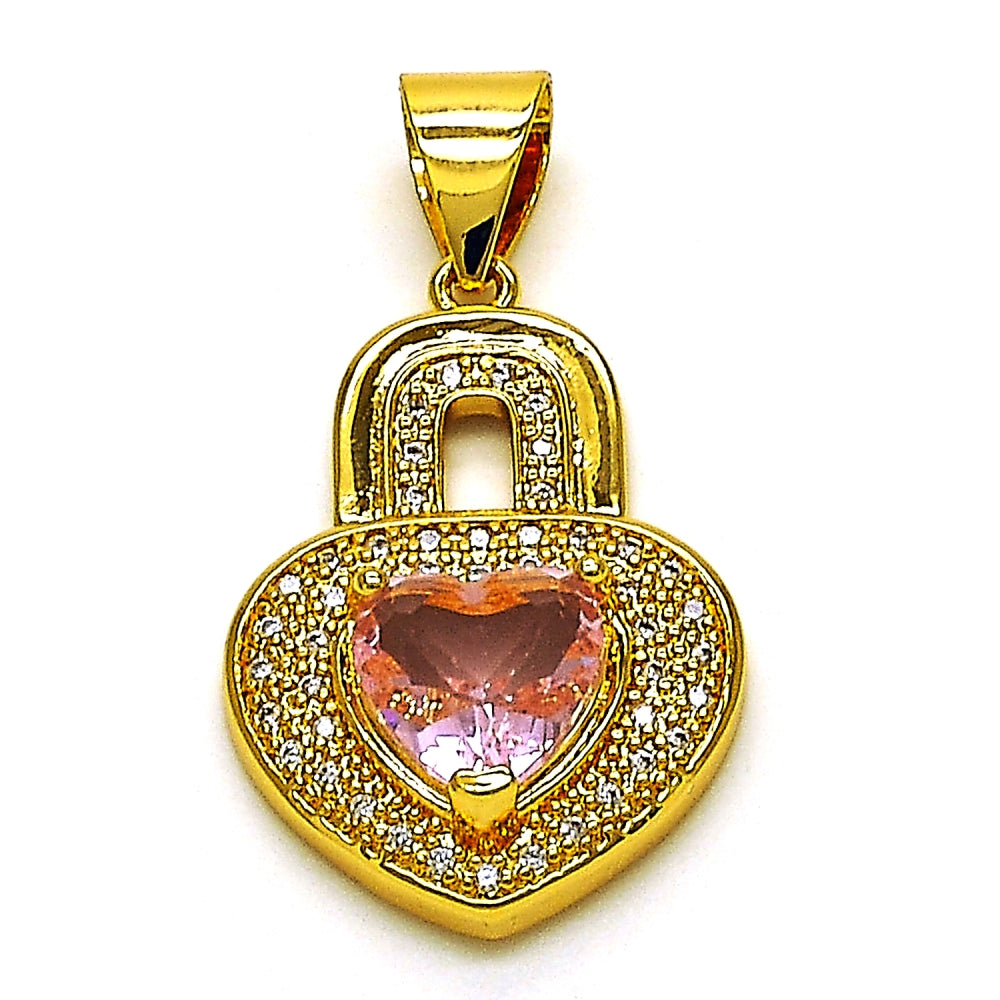 Oro Laminado Fancy Pendant, Gold Filled Style Heart Design, with White Micro Pave and Pink Cubic Zirconia, Polished, Golden Finish
