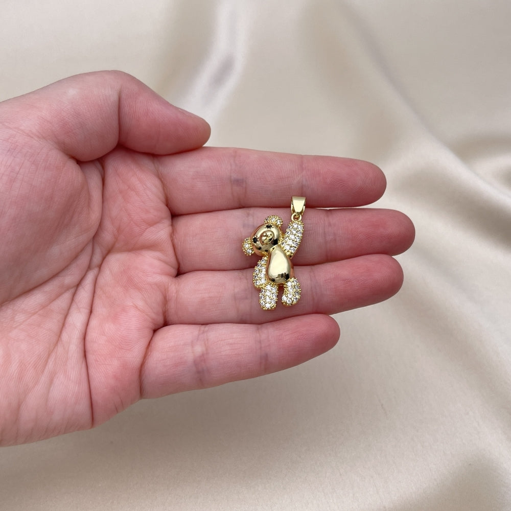 Oro Laminado Fancy Pendant, Gold Filled Style Teddy Bear Design, with White and Black Micro Pave, Polished, Golden Finish