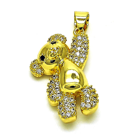 Oro Laminado Fancy Pendant, Gold Filled Style Teddy Bear Design, with White and Black Micro Pave, Polished, Golden Finish