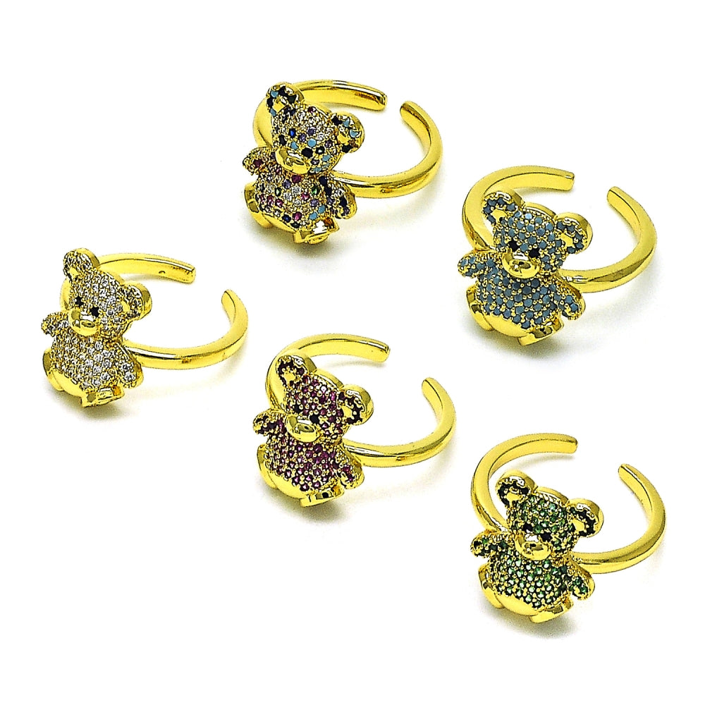 Oro Laminado Multi Stone Ring, Gold Filled Style Teddy Bear Design, with Multicolor Micro Pave, Polished, Golden Finish