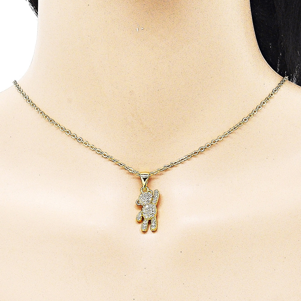 Oro Laminado Fancy Pendant, Gold Filled Style Teddy Bear Design, with White Micro Pave, Polished, Golden Finish