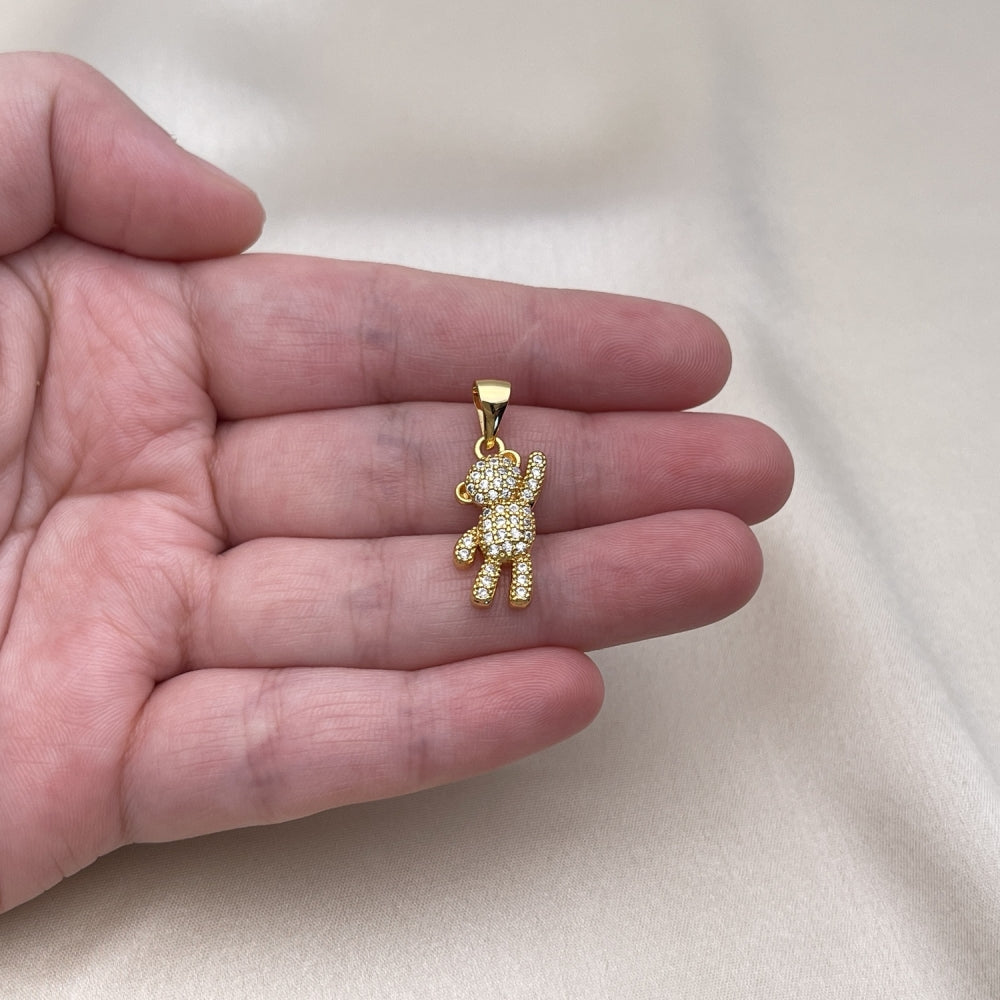 Oro Laminado Fancy Pendant, Gold Filled Style Teddy Bear Design, with White Micro Pave, Polished, Golden Finish