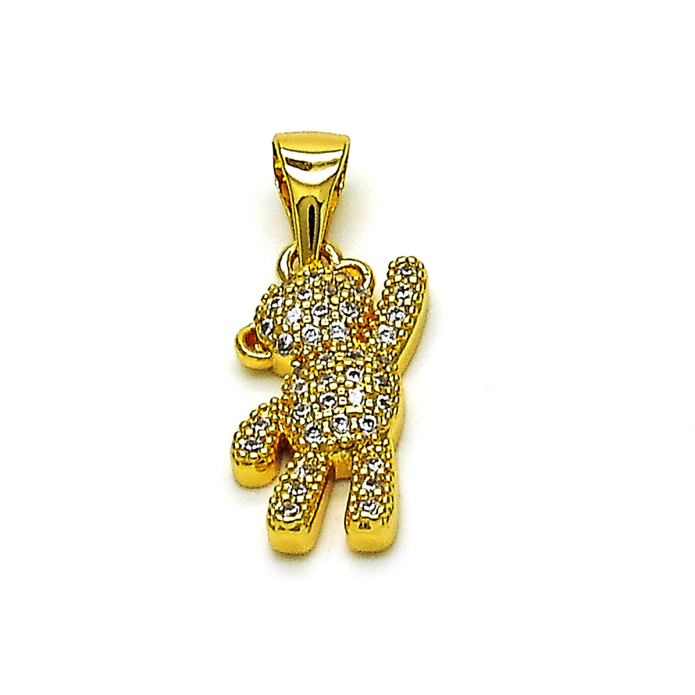 Oro Laminado Fancy Pendant, Gold Filled Style Teddy Bear Design, with White Micro Pave, Polished, Golden Finish