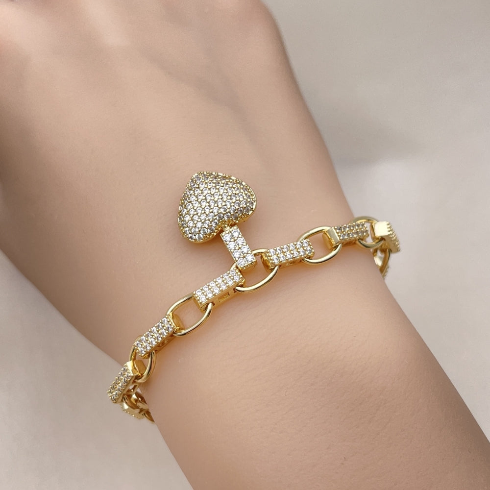 Oro Laminado Fancy Bracelet, Gold Filled Style Heart Design, with White Micro Pave, Polished, Golden Finish