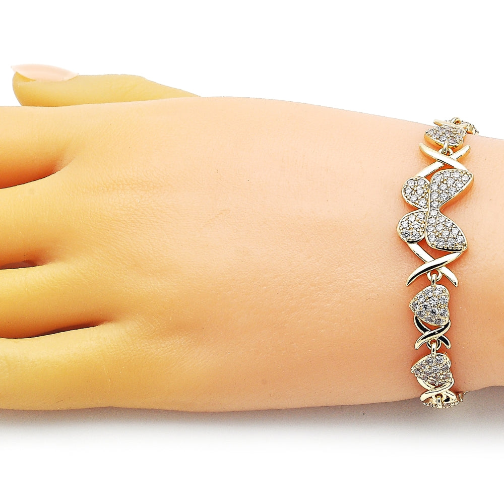 Oro Laminado Fancy Bracelet, Gold Filled Style Hugs and Kisses and Butterfly Design, with White Micro Pave, Polished, Golden Finish