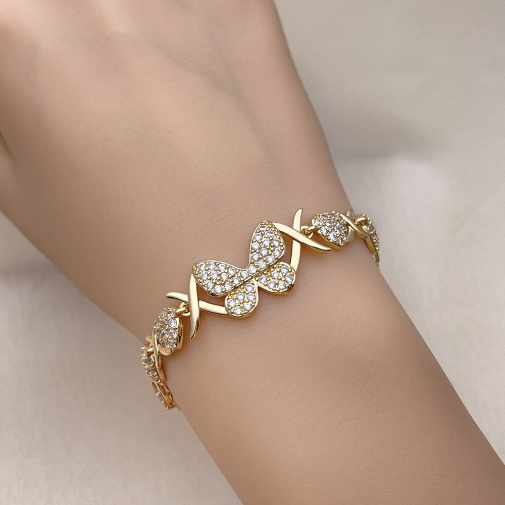 Oro Laminado Fancy Bracelet, Gold Filled Style Hugs and Kisses and Butterfly Design, with White Micro Pave, Polished, Golden Finish