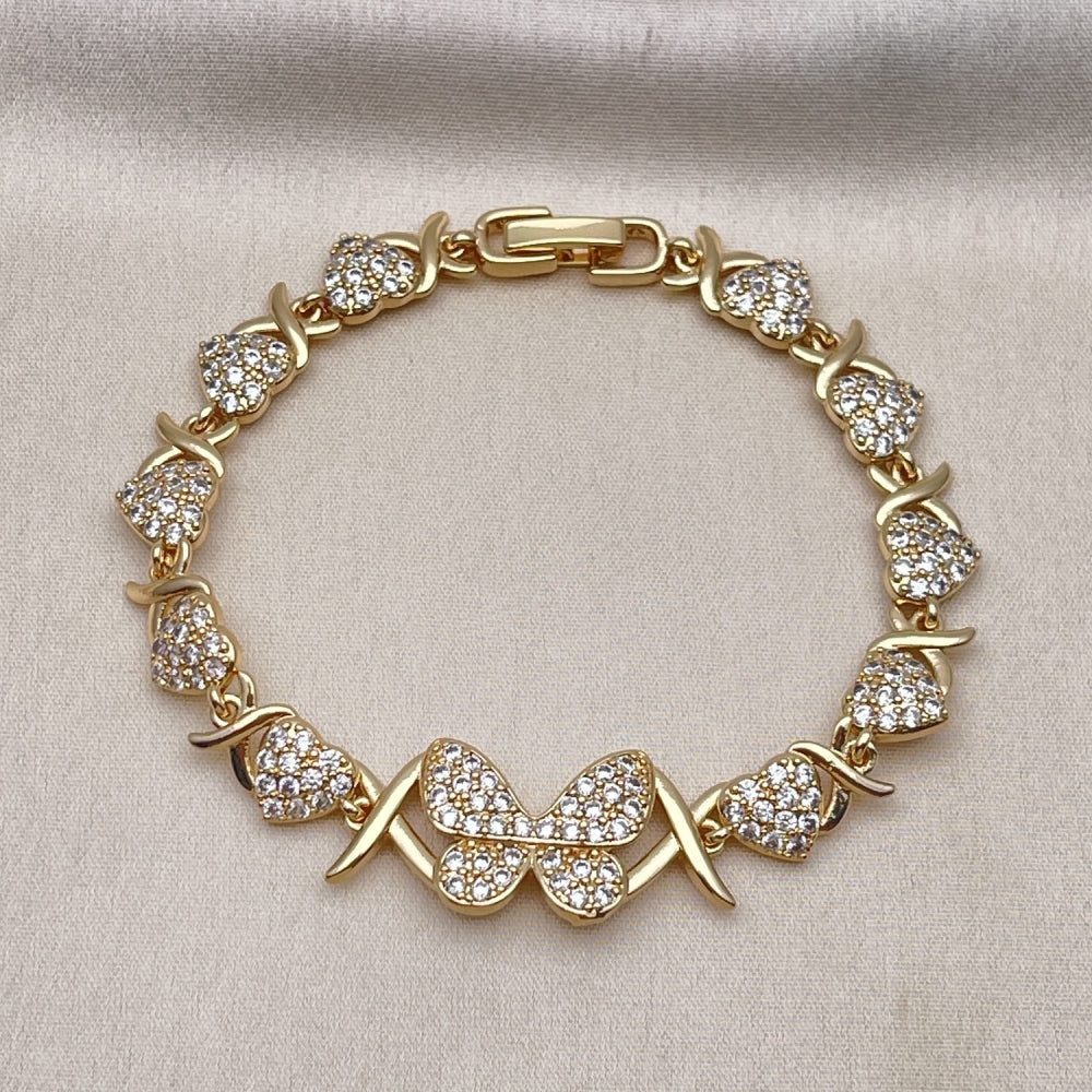 Oro Laminado Fancy Bracelet, Gold Filled Style Hugs and Kisses and Butterfly Design, with White Micro Pave, Polished, Golden Finish