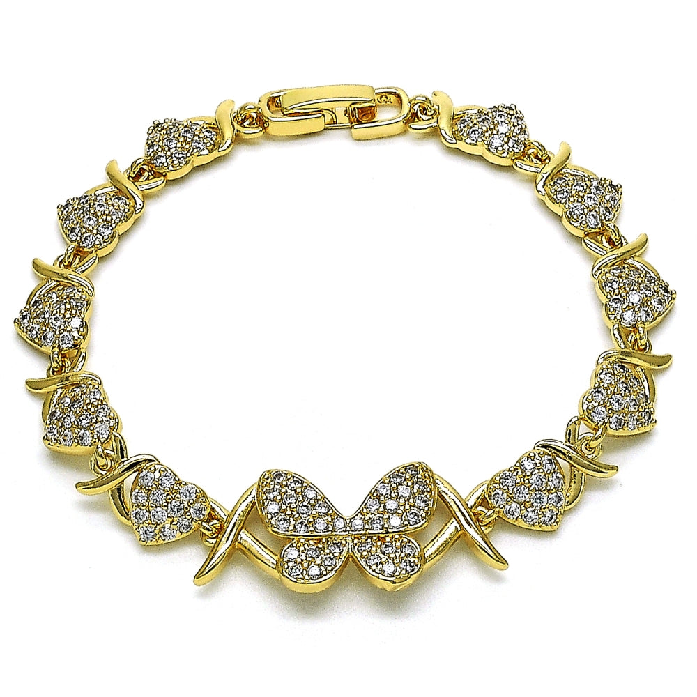 Oro Laminado Fancy Bracelet, Gold Filled Style Hugs and Kisses and Butterfly Design, with White Micro Pave, Polished, Golden Finish