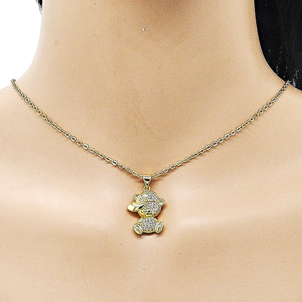 Oro Laminado Fancy Pendant, Gold Filled Style Teddy Bear Design, with White Micro Pave, Polished, Golden Finish