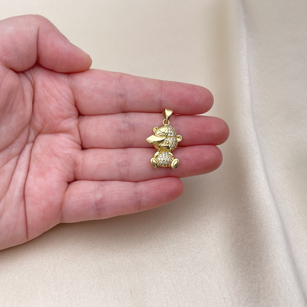 Oro Laminado Fancy Pendant, Gold Filled Style Teddy Bear Design, with White Micro Pave, Polished, Golden Finish