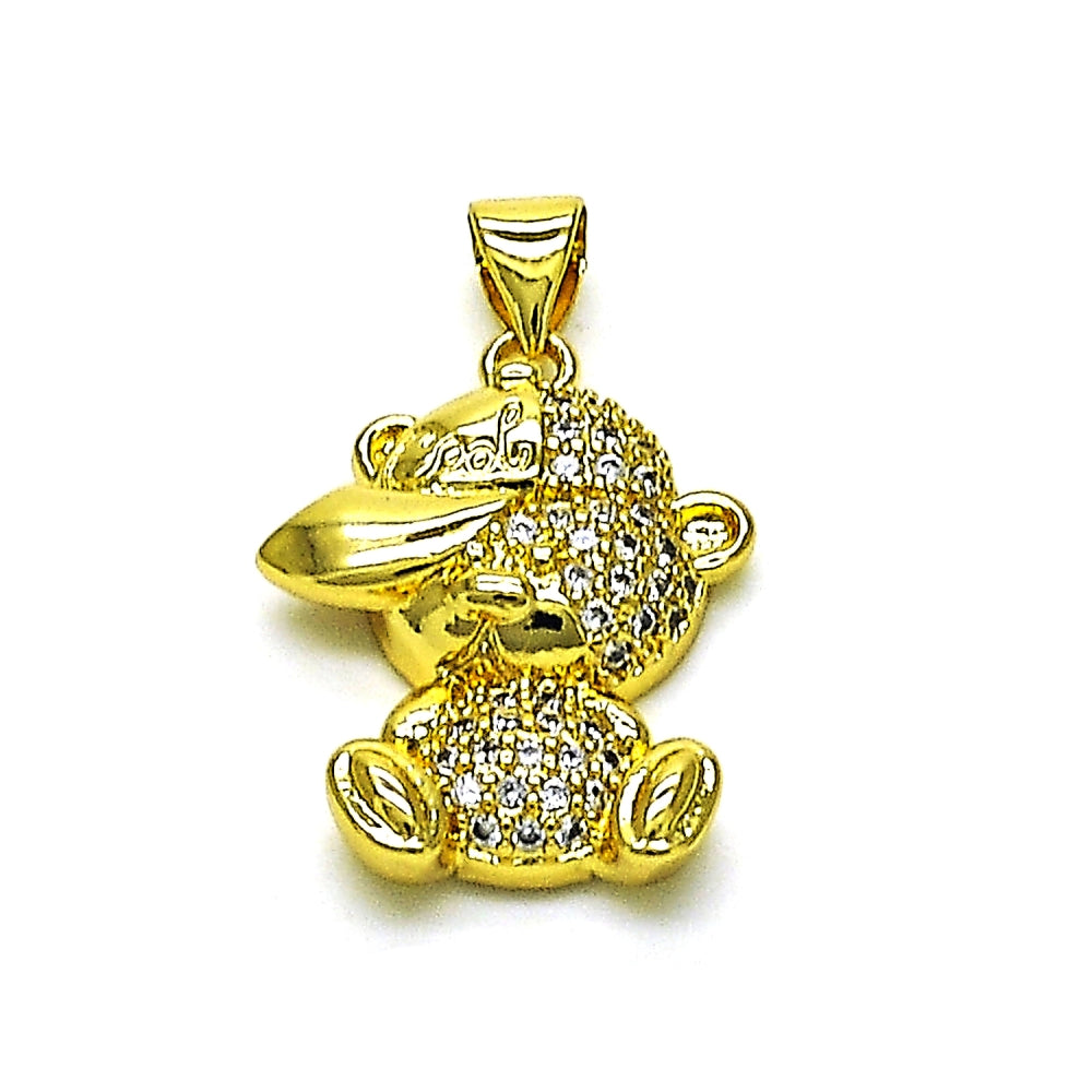 Oro Laminado Fancy Pendant, Gold Filled Style Teddy Bear Design, with White Micro Pave, Polished, Golden Finish