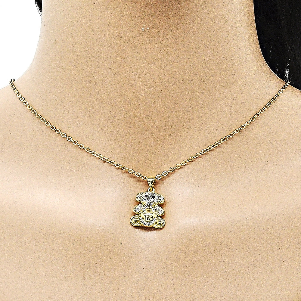 Oro Laminado Fancy Pendant, Gold Filled Style Teddy Bear Design, with White and Black Micro Pave, Polished, Golden Finish
