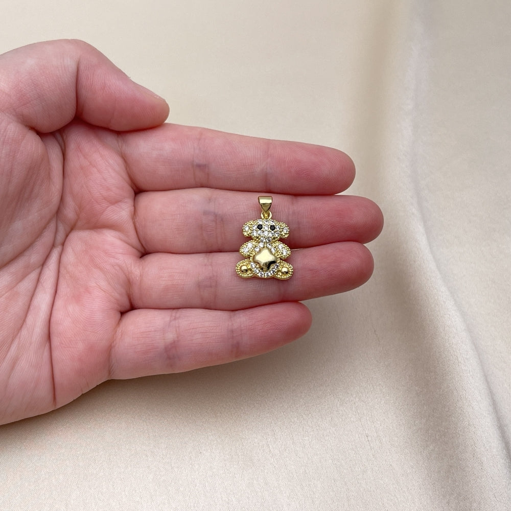 Oro Laminado Fancy Pendant, Gold Filled Style Teddy Bear Design, with White and Black Micro Pave, Polished, Golden Finish