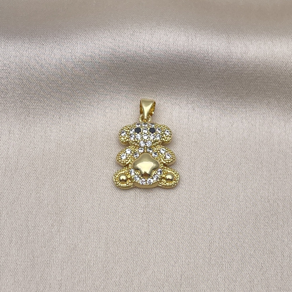 Oro Laminado Fancy Pendant, Gold Filled Style Teddy Bear Design, with White and Black Micro Pave, Polished, Golden Finish