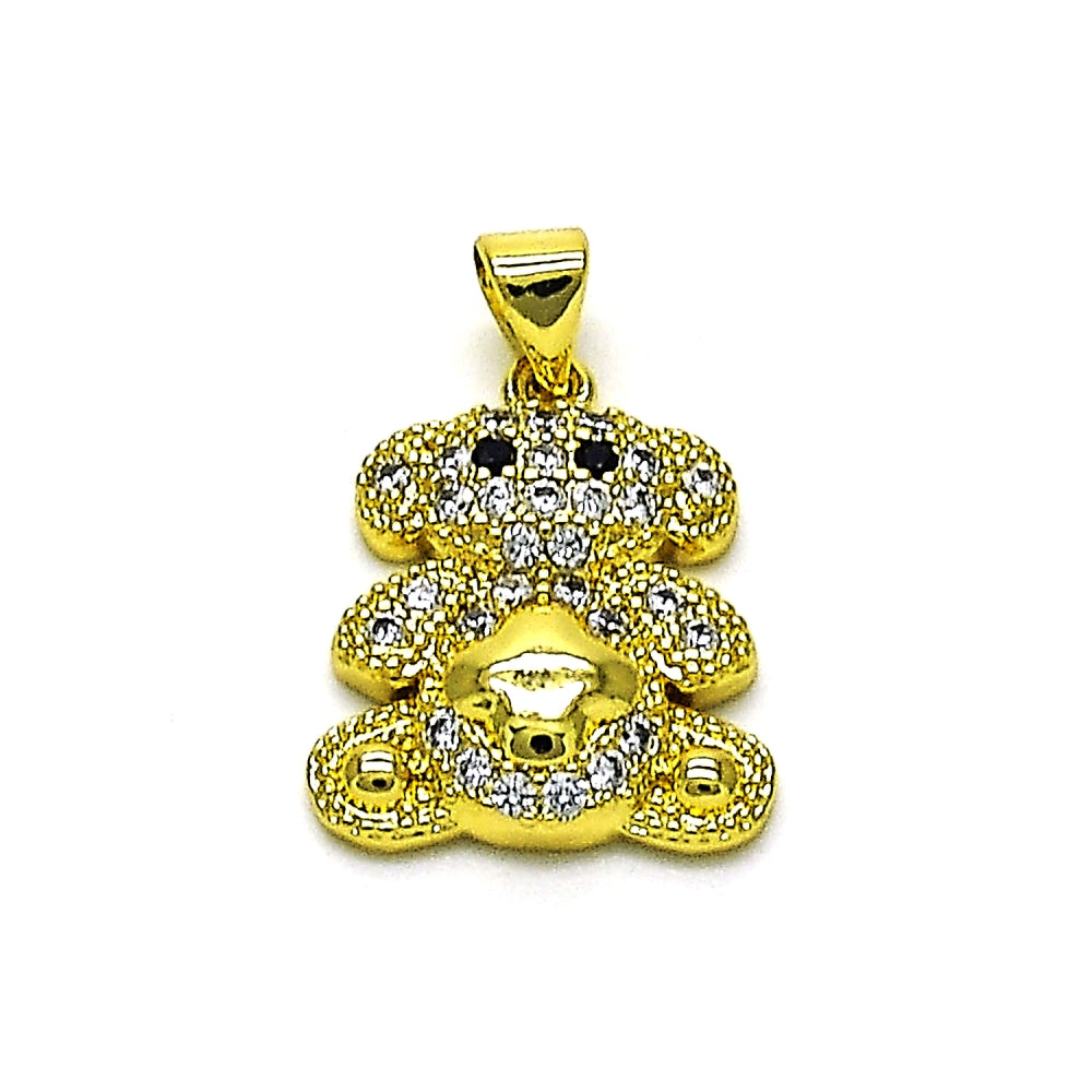 Oro Laminado Fancy Pendant, Gold Filled Style Teddy Bear Design, with White and Black Micro Pave, Polished, Golden Finish