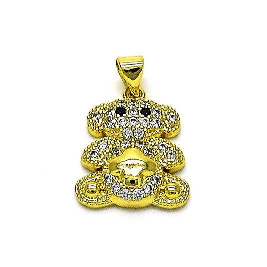 Oro Laminado Fancy Pendant, Gold Filled Style Teddy Bear Design, with White and Black Micro Pave, Polished, Golden Finish
