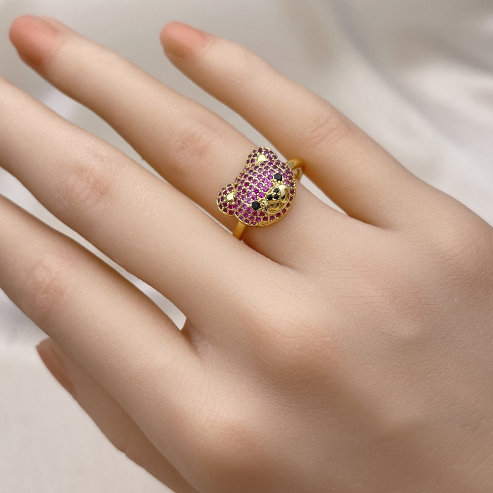 Oro Laminado Multi Stone Ring, Gold Filled Style Teddy Bear Design, with Ruby and Black Micro Pave, Polished, Golden Finish