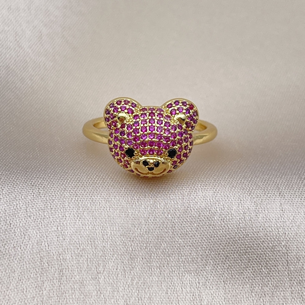 Oro Laminado Multi Stone Ring, Gold Filled Style Teddy Bear Design, with Ruby and Black Micro Pave, Polished, Golden Finish