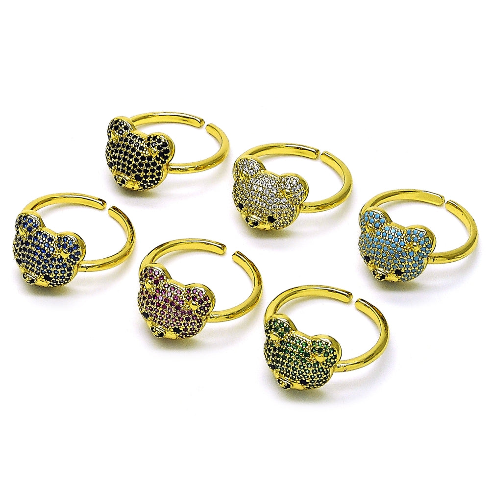 Oro Laminado Multi Stone Ring, Gold Filled Style Teddy Bear Design, with Ruby and Black Micro Pave, Polished, Golden Finish