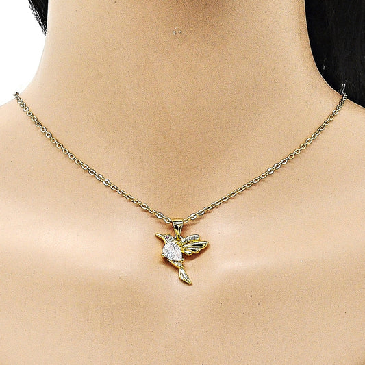 Oro Laminado Fancy Pendant, Gold Filled Style Bird Design, with White Cubic Zirconia and White Micro Pave, Polished, Golden Finish
