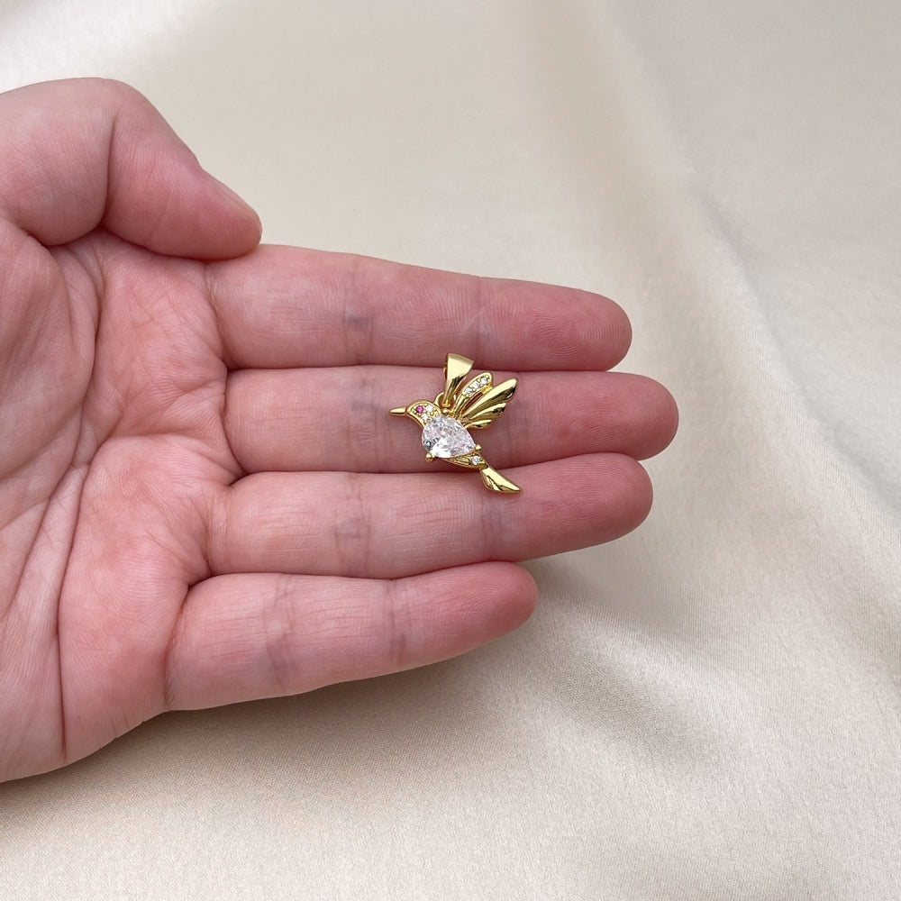 Oro Laminado Fancy Pendant, Gold Filled Style Bird Design, with White Cubic Zirconia and White Micro Pave, Polished, Golden Finish