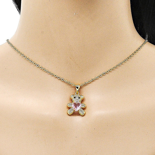 Oro Laminado Fancy Pendant, Gold Filled Style Teddy Bear and Heart Design, with Pink Cubic Zirconia and White Micro Pave, Polished, Golden Finish