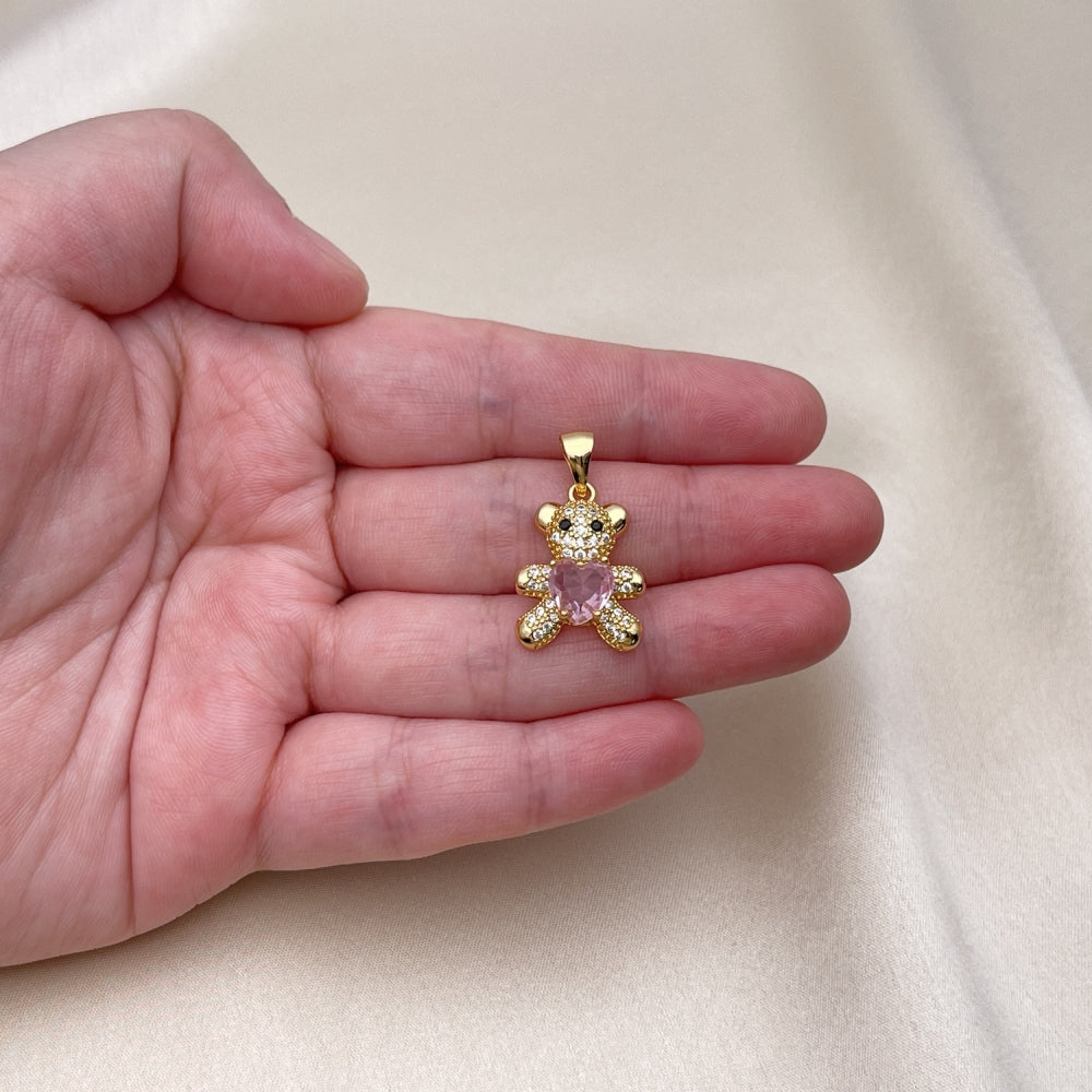 Oro Laminado Fancy Pendant, Gold Filled Style Teddy Bear and Heart Design, with Pink Cubic Zirconia and White Micro Pave, Polished, Golden Finish