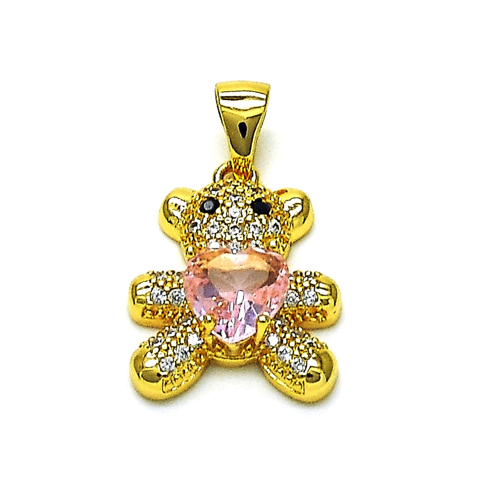 Oro Laminado Fancy Pendant, Gold Filled Style Teddy Bear and Heart Design, with Pink Cubic Zirconia and White Micro Pave, Polished, Golden Finish