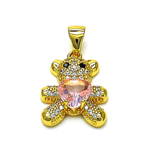Oro Laminado Fancy Pendant, Gold Filled Style Teddy Bear and Heart Design, with Pink Cubic Zirconia and White Micro Pave, Polished, Golden Finish