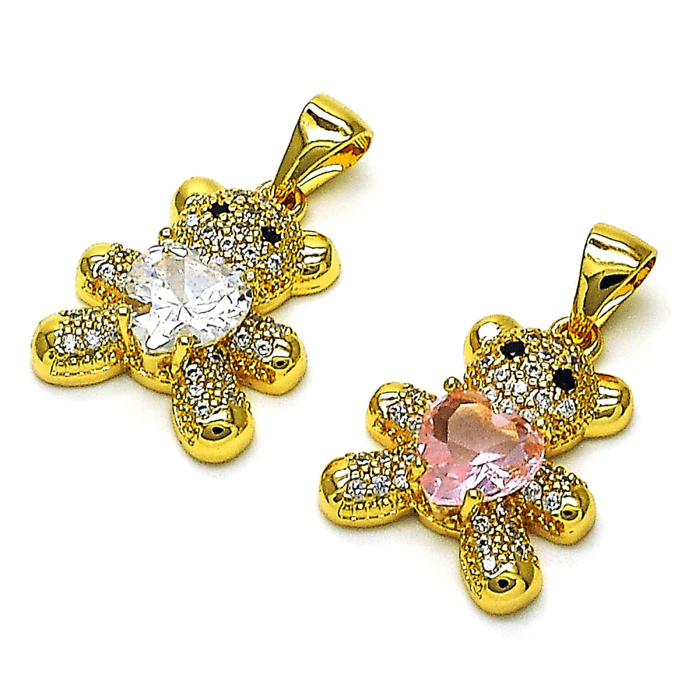 Oro Laminado Fancy Pendant, Gold Filled Style Teddy Bear and Heart Design, with Pink Cubic Zirconia and White Micro Pave, Polished, Golden Finish