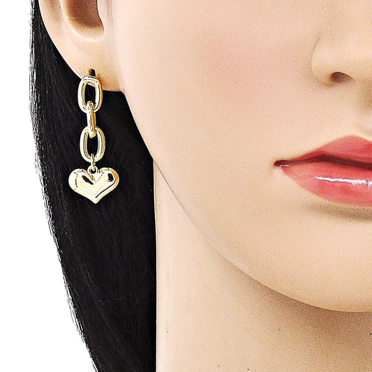 Oro Laminado Long Earring, Gold Filled Style Paperclip and Heart Design, Polished, Golden Finish