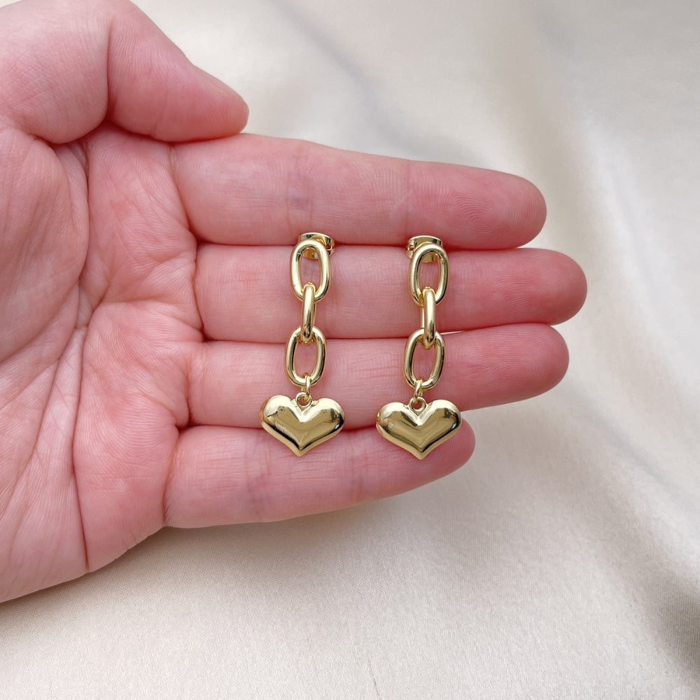 Oro Laminado Long Earring, Gold Filled Style Paperclip and Heart Design, Polished, Golden Finish