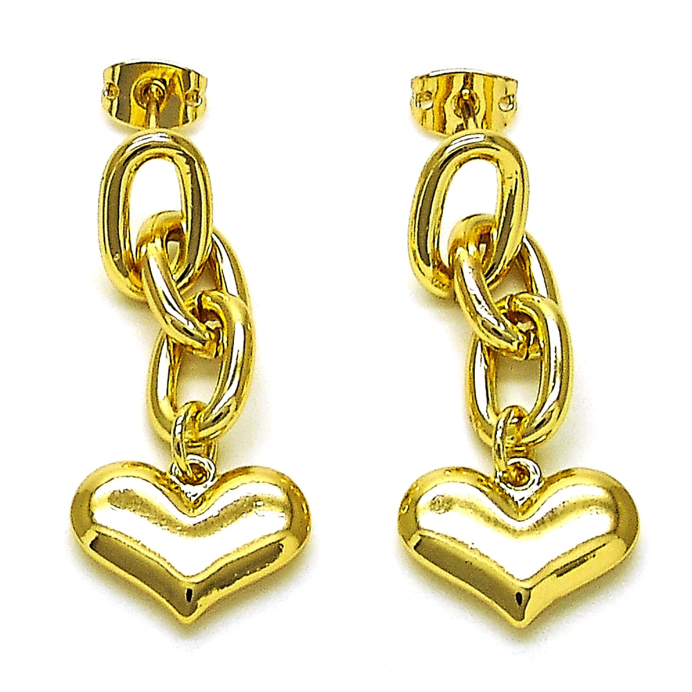 Oro Laminado Long Earring, Gold Filled Style Paperclip and Heart Design, Polished, Golden Finish