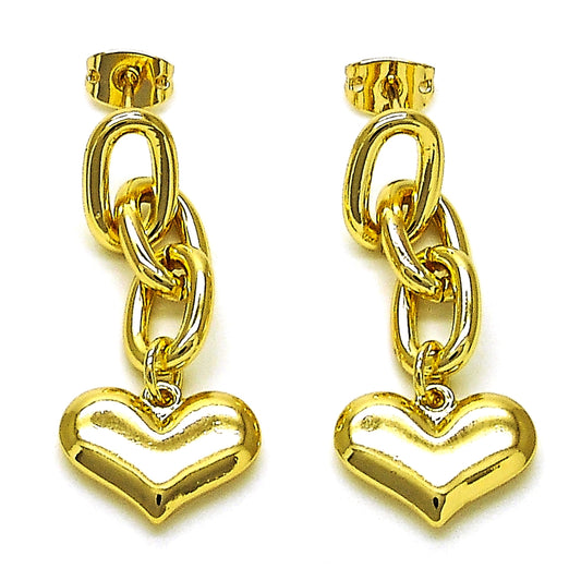 Oro Laminado Long Earring, Gold Filled Style Paperclip and Heart Design, Polished, Golden Finish