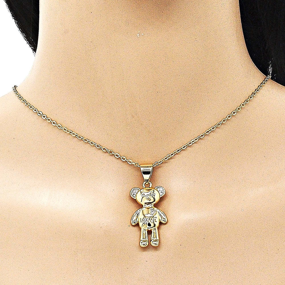 Oro Laminado Fancy Pendant, Gold Filled Style Teddy Bear and Heart Design, with White Micro Pave, Polished, Golden Finish