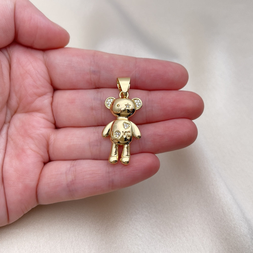 Oro Laminado Fancy Pendant, Gold Filled Style Teddy Bear and Heart Design, with White Micro Pave, Polished, Golden Finish