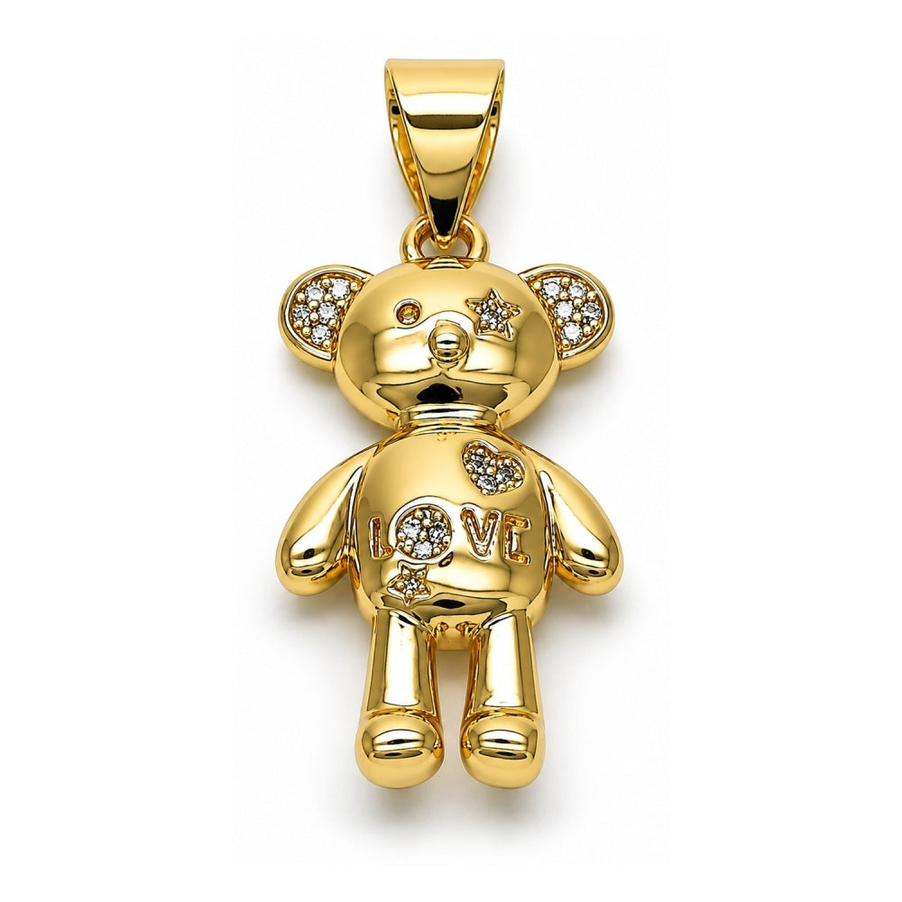 Oro Laminado Fancy Pendant, Gold Filled Style Teddy Bear and Heart Design, with White Micro Pave, Polished, Golden Finish