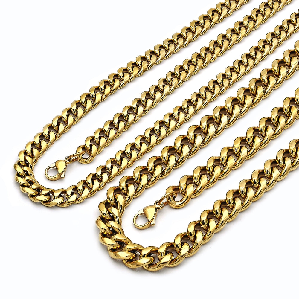 Stainless Steel Necklace and Bracelet, Miami Cuban Design, Polished, Golden Finish