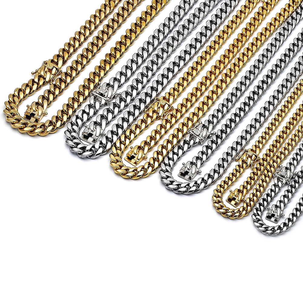 Stainless Steel Necklace and Bracelet, Miami Cuban Design, Polished, Golden Finish