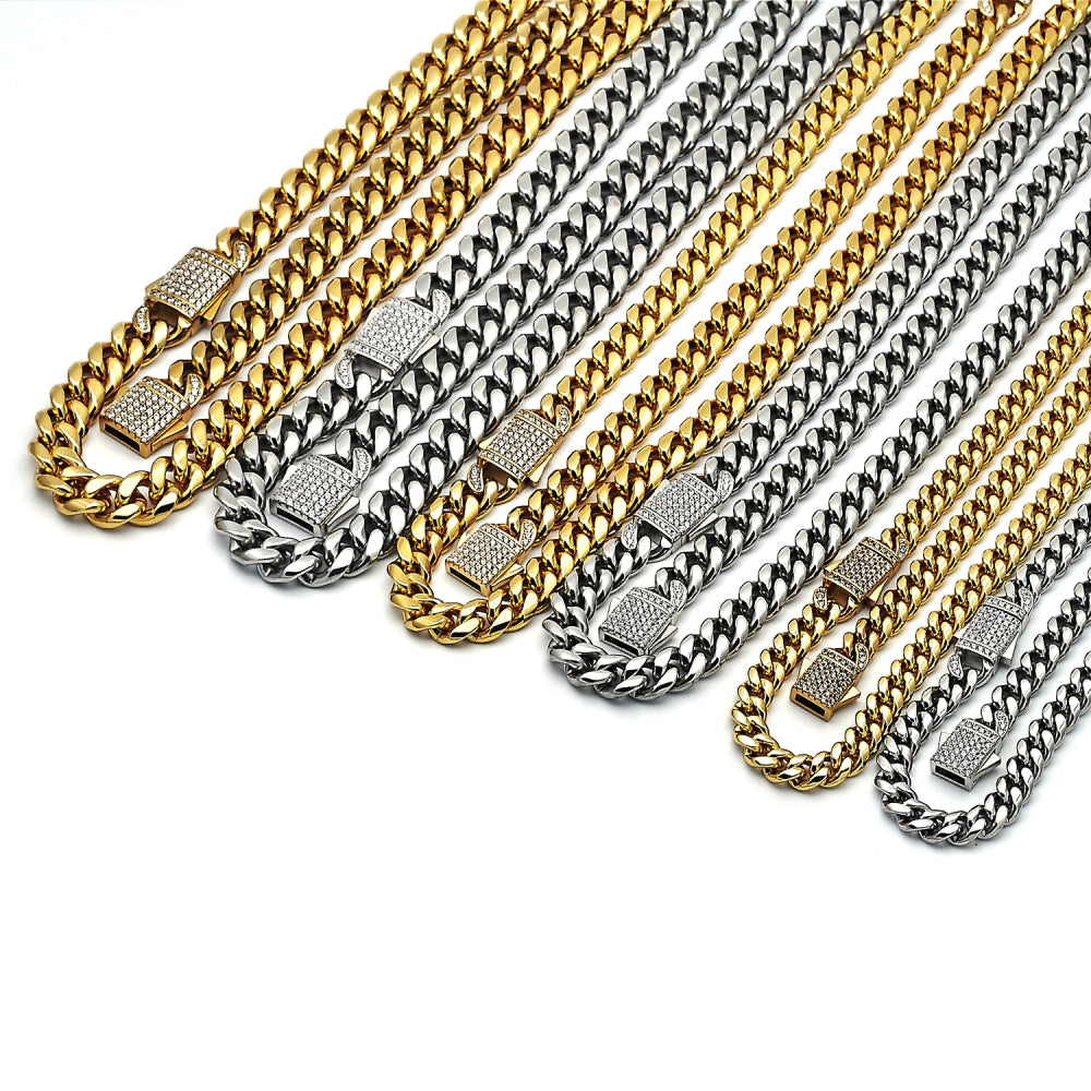 Stainless Steel Necklace and Bracelet, Miami Cuban Design, with White Crystal, Polished, Steel Finish