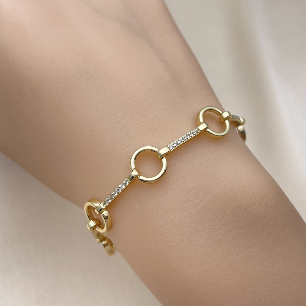 Oro Laminado Fancy Bracelet, Gold Filled Style with White Micro Pave, Polished, Golden Finish