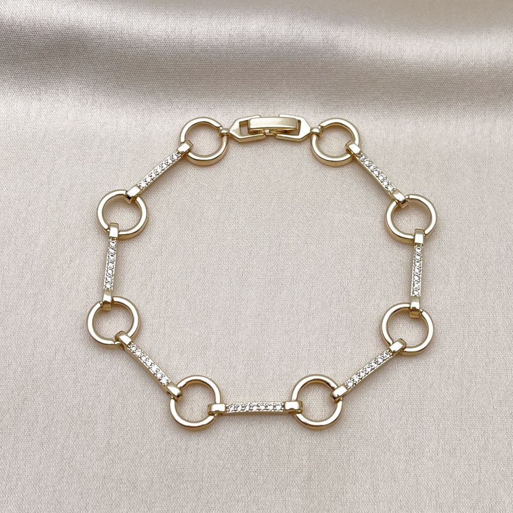 Oro Laminado Fancy Bracelet, Gold Filled Style with White Micro Pave, Polished, Golden Finish