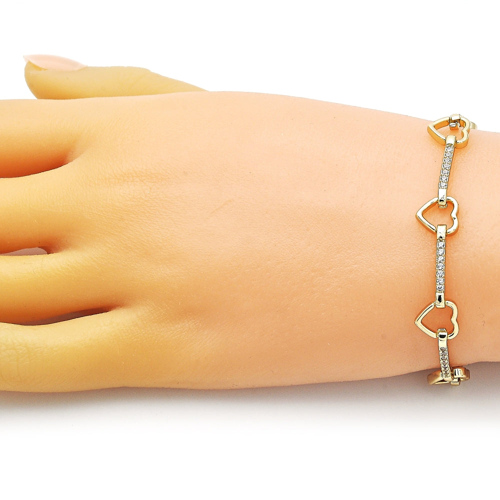 Oro Laminado Fancy Bracelet, Gold Filled Style Heart Design, with White Micro Pave, Polished, Golden Finish