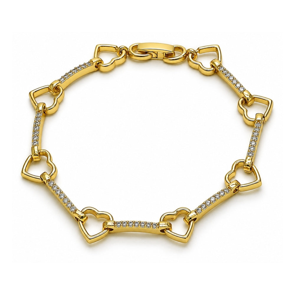 Oro Laminado Fancy Bracelet, Gold Filled Style Heart Design, with White Micro Pave, Polished, Golden Finish