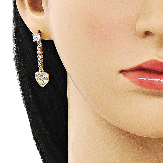 Oro Laminado Long Earring, Gold Filled Style Heart Design, with White Cubic Zirconia and White Micro Pave, Polished, Golden Finish